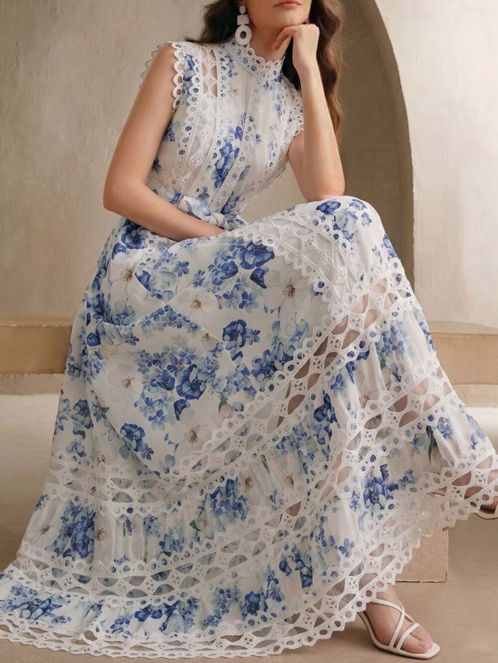 Blue Elegant Women's Mandarin Collar Sleeveless Lace Patchwork Floral Maxi Dress